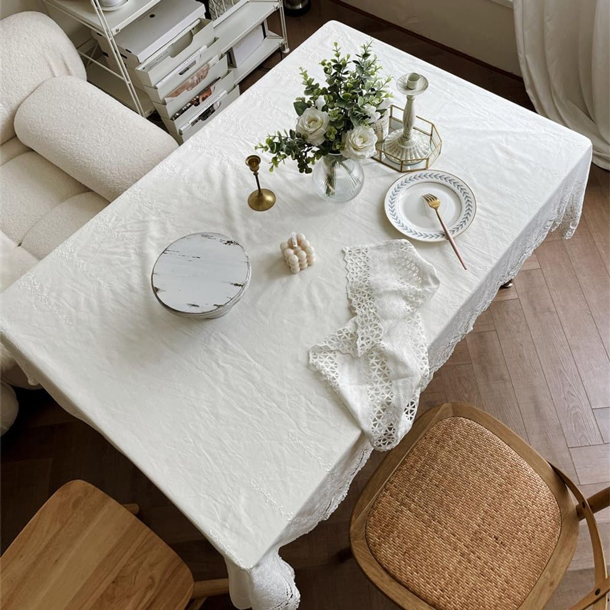 PUREPOWER - Mantel Boda Blanco Encaje Bordado Algodón 135x220cm Francés