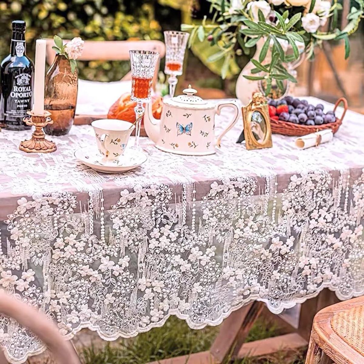 PUREPOWER - Mantel Encaje Bordado Francés 135x200cm Blanco Vintage para Eventos