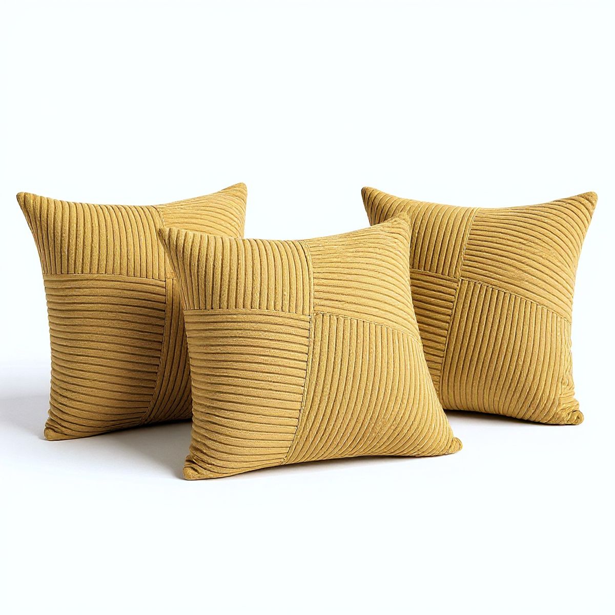 GENERICO - Pack de 3 Fundas Para Cojín Modelo Acanalado Lineas Mostaza 45x45