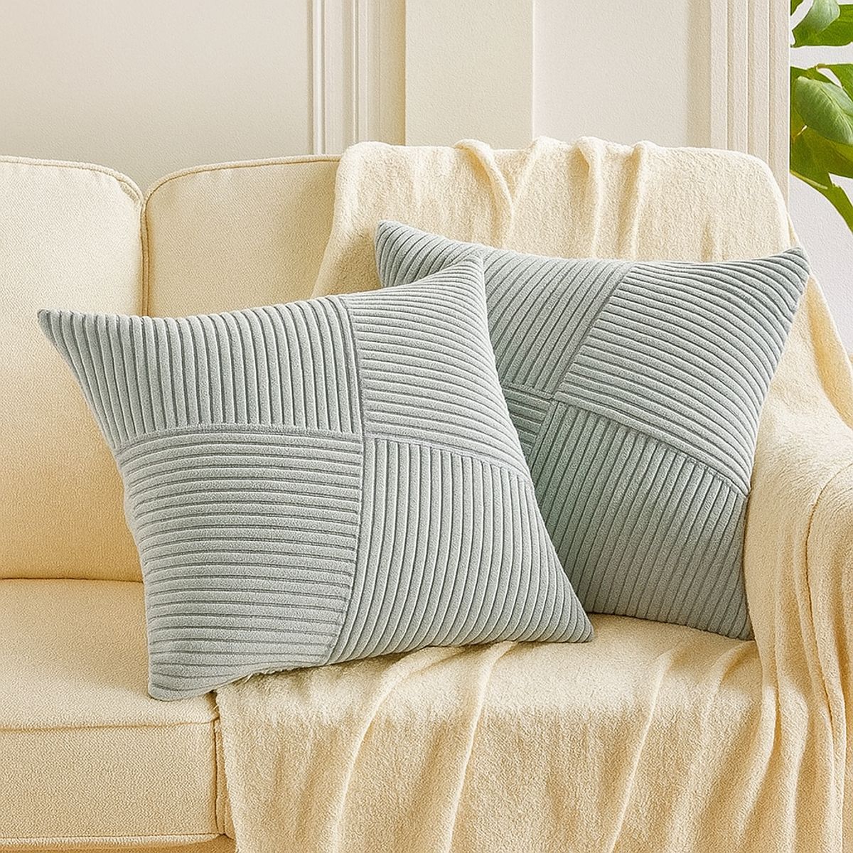 GENERICO - Pack 2 Fundas De Cojín 45x45 Turquesa Estilo Acanalado