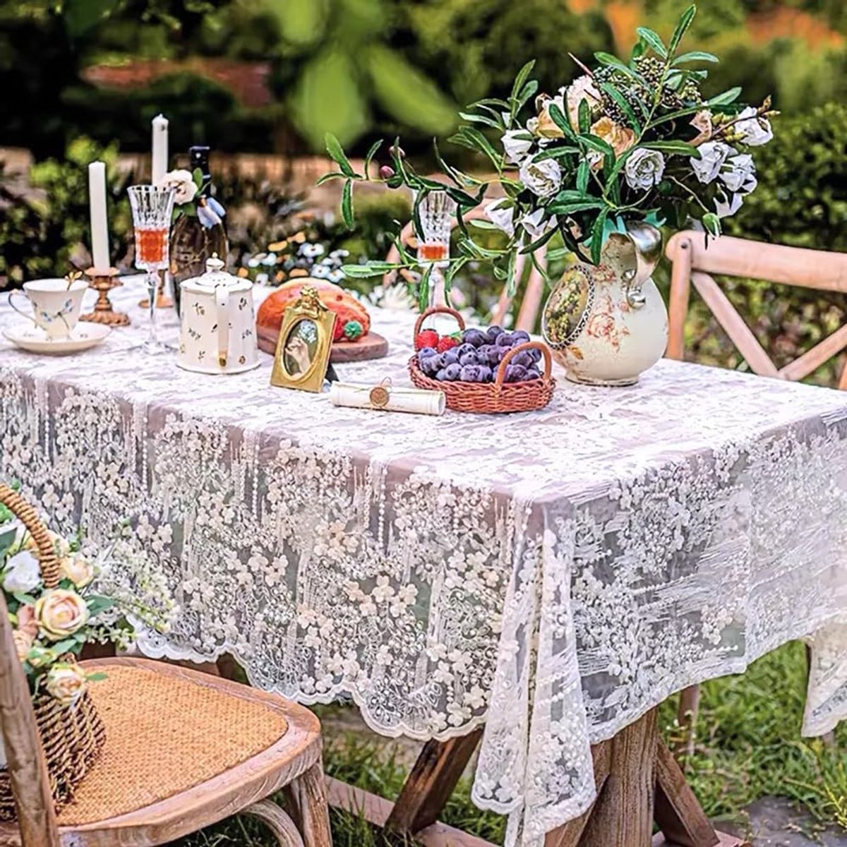 PUREPOWER - Mantel Encaje Bordado Francés 135x240cm Blanco Vintage para Eventos