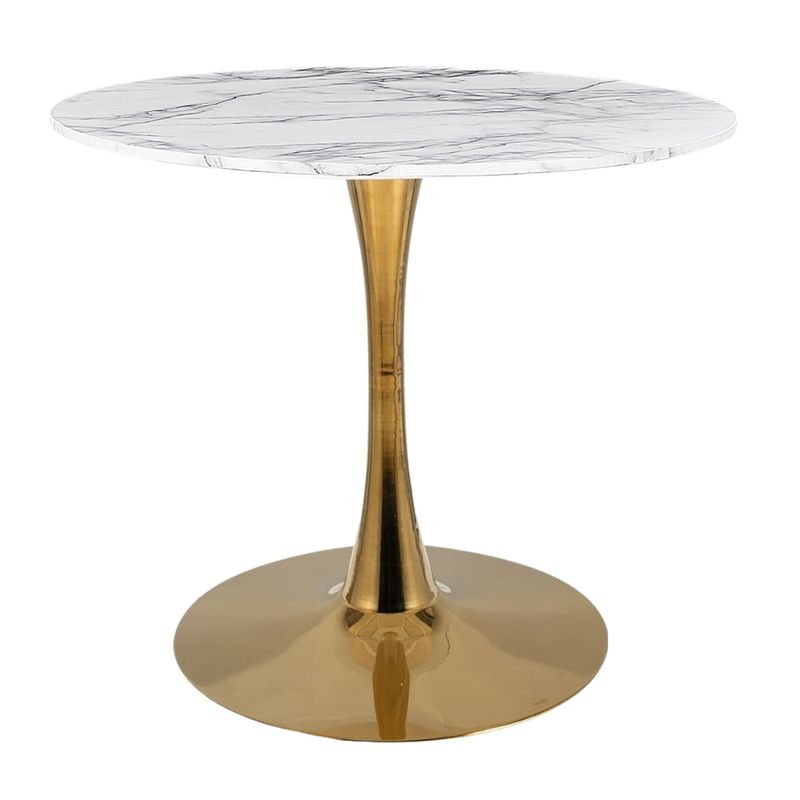 PANDALINO - Mesa Comedor Redonda Tulip - Vinilo Cuarzo Blanco - Base Dorado - 80 cm