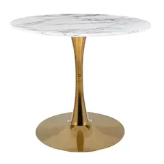 PANDALINO - Mesa Comedor Redonda Tulip - Vinilo Cuarzo Blanco - Base Dorado - 100 cm