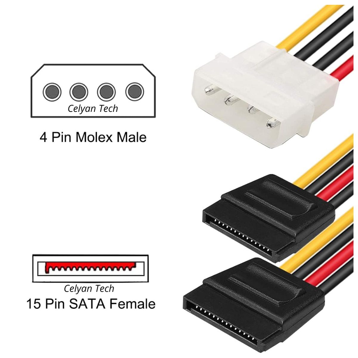 GENERICO - Cable Adaptador Divisor de Alimentación Molex 4 Pines a 2x SATA