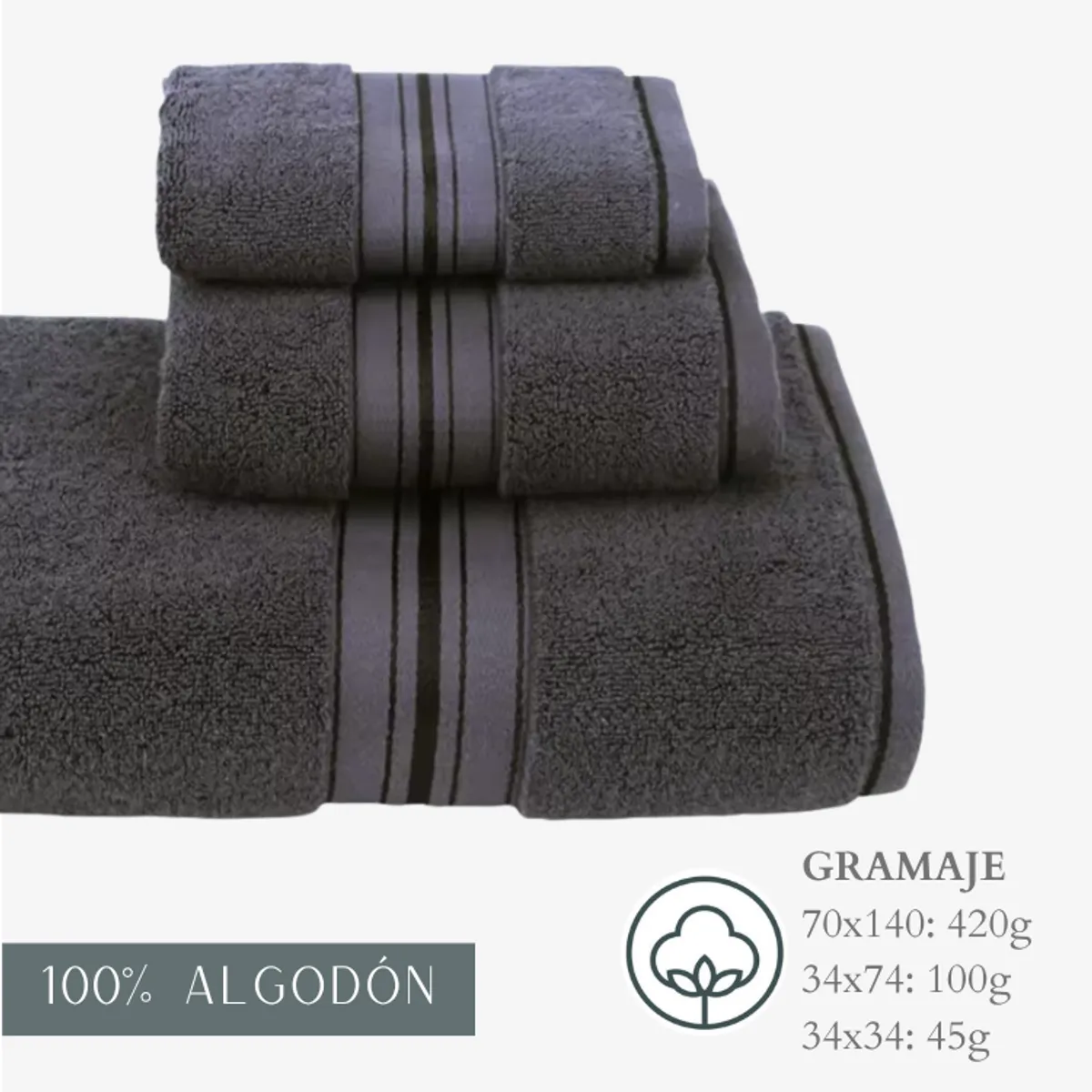 GARSIL - Pack 3 Toallas Cuerpo Mano Y Cara 100% Algodon Gris Oscuro
