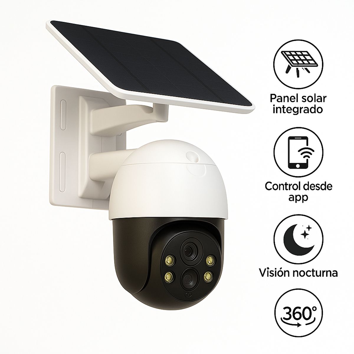 GENERICO - Cámara Seguridad Solar 360° WiFi IP con App y Visión Nocturna