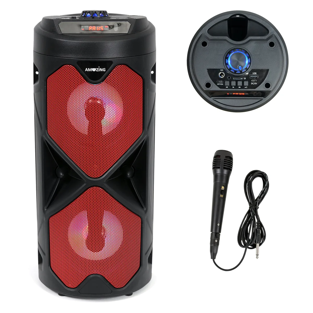 AMAZING - Parlante Bluetooth Karaoke BIG PRO 500 con Micrófono - Radio FM, USB, AUX, Rojo