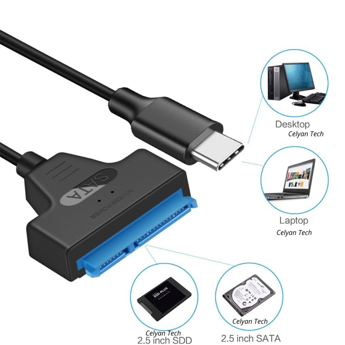 GENERICO - Cable Adaptador USB-C a SATA para HDD/SSD 2.5” - USB 3.1 a SATA III