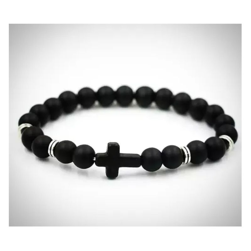 GENERICO - Pulsera Piedra Onix Mate Cruz Hombre Mujer Moda Royal madriz