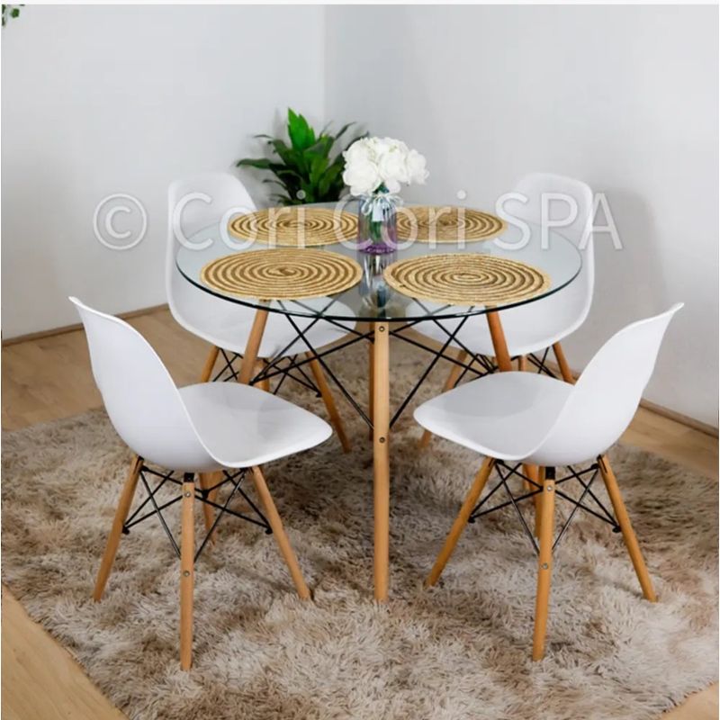 CORI CORI - Juego de Comedor Mesa Eames Vidrio 80cm + 4 Sillas Eames Blanco