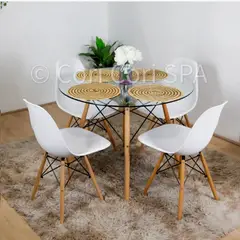 CORI CORI - Juego de Comedor Mesa Eames Vidrio 80cm + 4 Sillas Eames Blanco