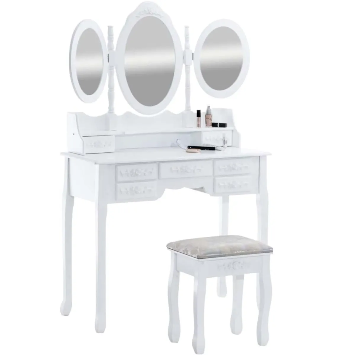 CASTELLARO - TOCADOR MAQUILLAJE MADERA BANCA + 3 ESPEJO OVALADO DANIELLA