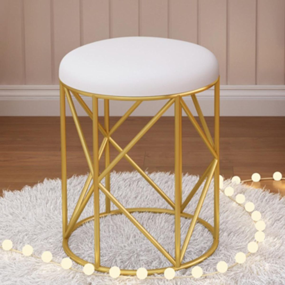 CASTELLARO - TABURETE DE TOCADOR METAL-CUERO DORADO BLANCO EMMA