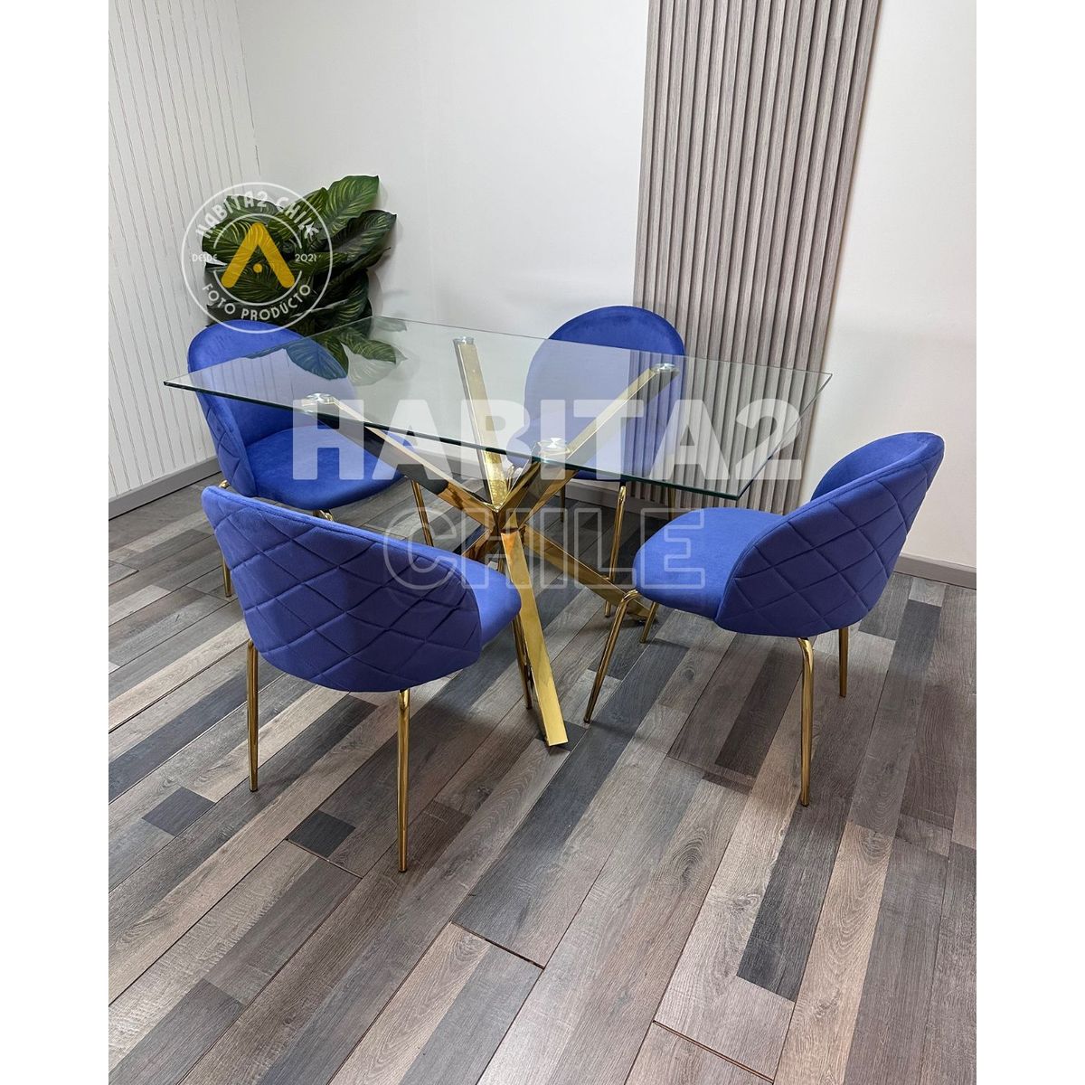 HABITA2 CHILE - Comedor Madrid Nordic Gold 140cm -4 Puestos Azul…