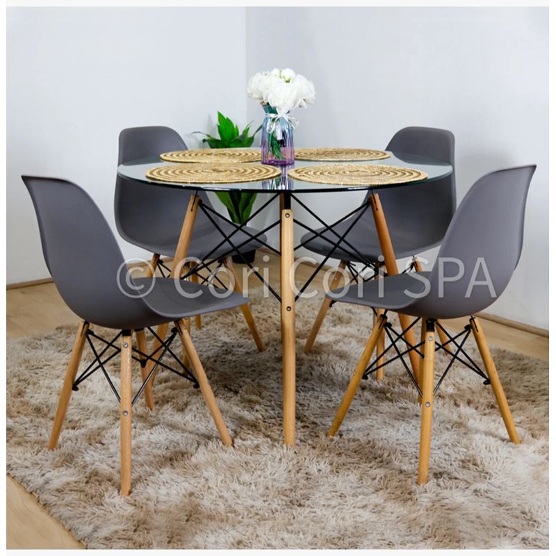 CORI CORI - Juego de Comedor Mesa Eames Vidrio 80cm + 4 Sillas Eames Gris