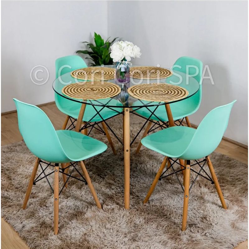 CORI CORI - Juego de Comedor Mesa Eames Vidrio 80cm + 4 Sillas Eames Menta
