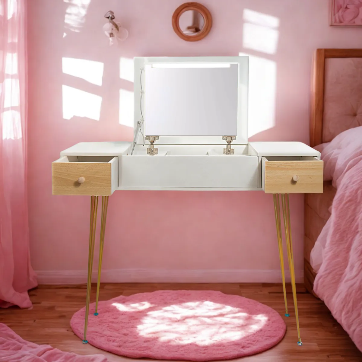 GENERICO - TOCADOR MAQUILLAJE METAL MADERA BLANCO + ESPEJO CON LUZ ELENA