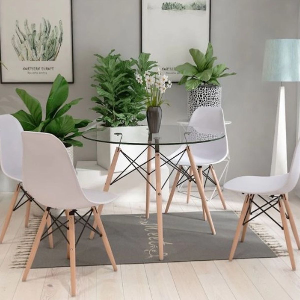 GENERICO - COMEDOR EAMES VIDRIO REDONDO 80 CM -4 PUESTO BLANCO…