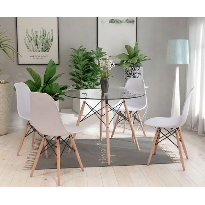 GENERICO - COMEDOR EAMES VIDRIO REDONDO 80 CM -4 PUESTO BLANCO