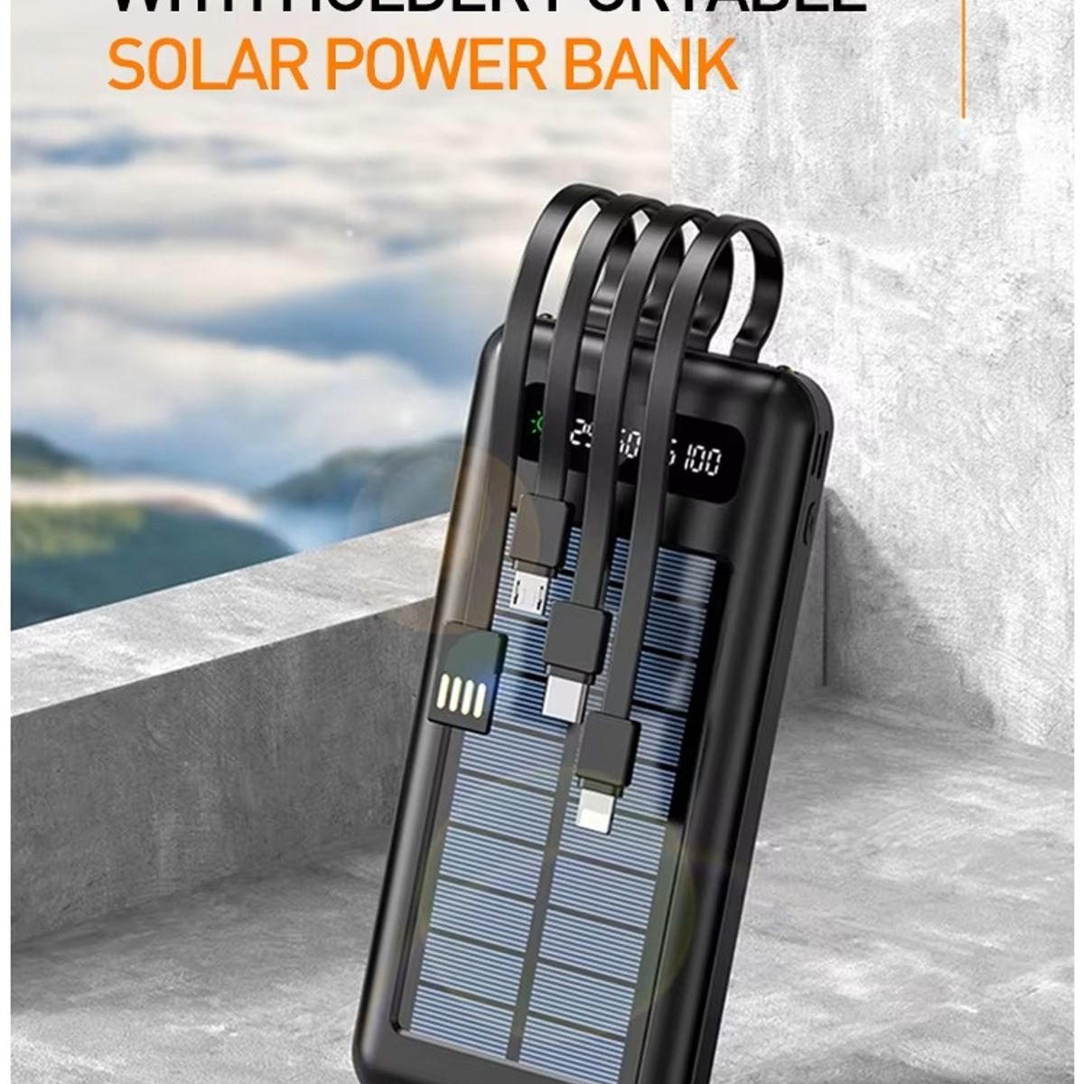 Batería Externa Solar 20000mAh con Cables Integrados Carga Rápida, marca GENERICO - Foto Principal