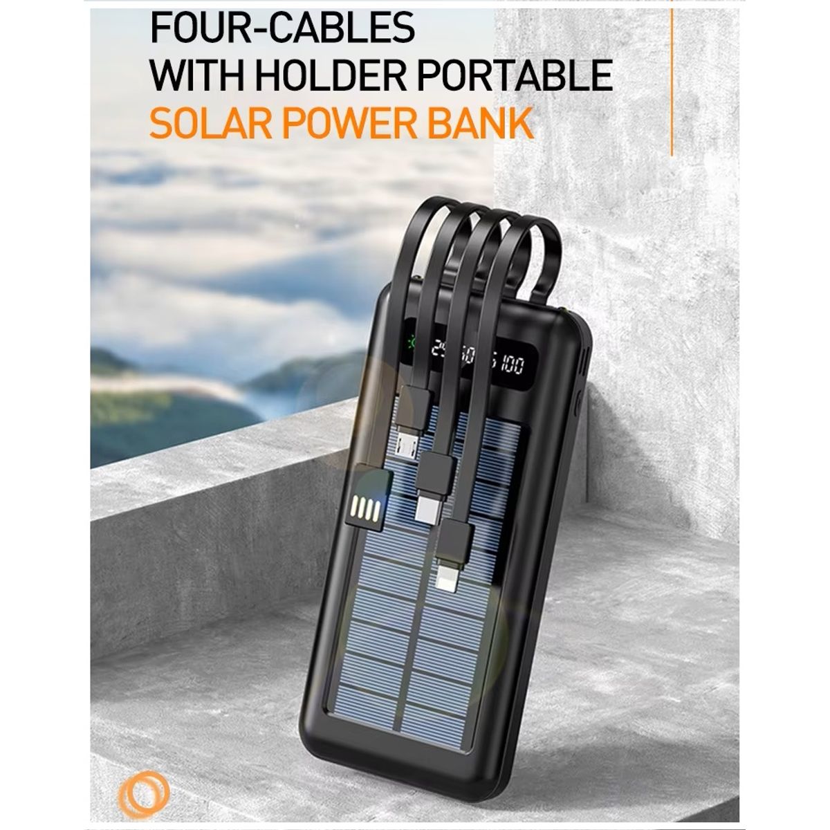 Batería Externa Solar 20000mAh con Cables Integrados Carga Rápida, marca GENERICO - Foto Principal