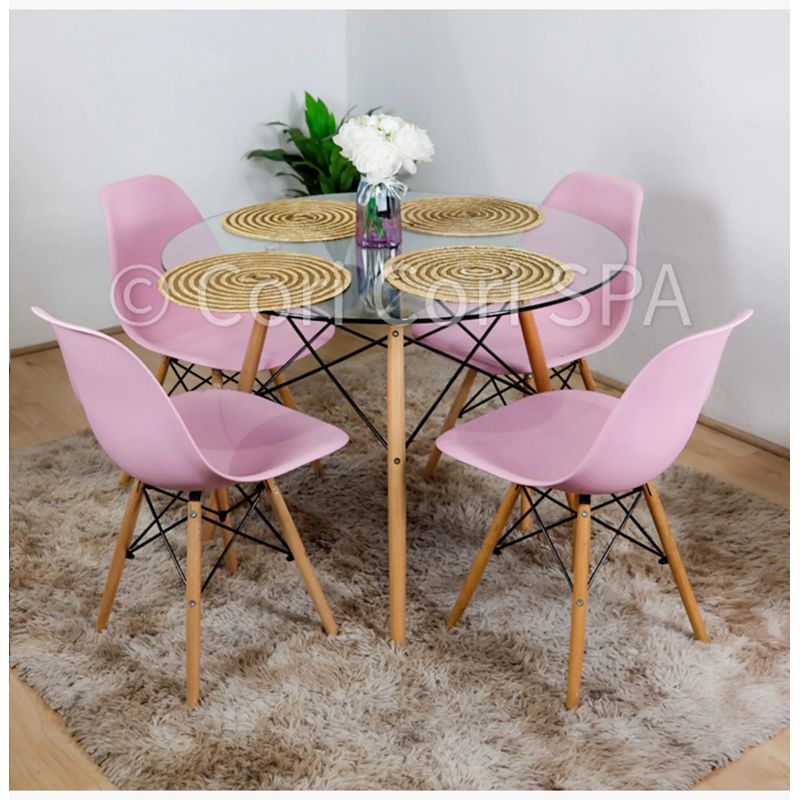 CORI CORI - Juego de Comedor Mesa Eames Vidrio 80cm + 4 Sillas Eames Rosa