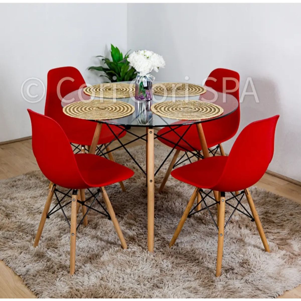 CORI CORI - Juego de Comedor Mesa Eames Vidrio 80cm + 4 Sillas Eames Rojo