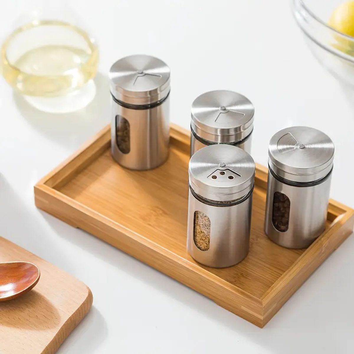 GENERICO - Set de 4 Especieros Herméticos Acero/Vidrio 8cm - Cáscara Metálica