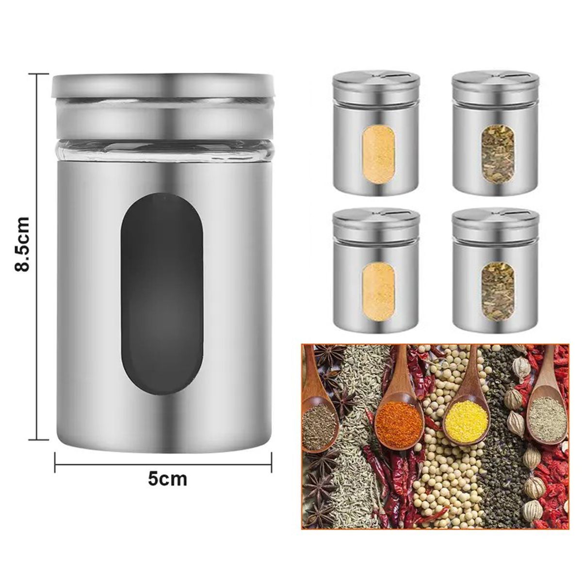 GENERICO - Set de 4 Especieros Herméticos Acero/Vidrio 8cm - Cáscara Metálica