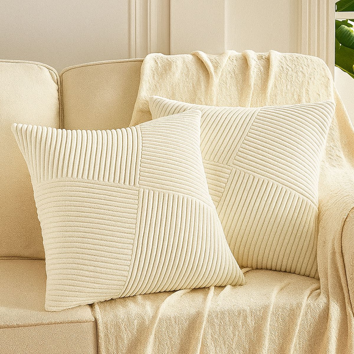 GENERICO - Funda Para Cojín Blanco Marfil Modelo Acanalado 45x45