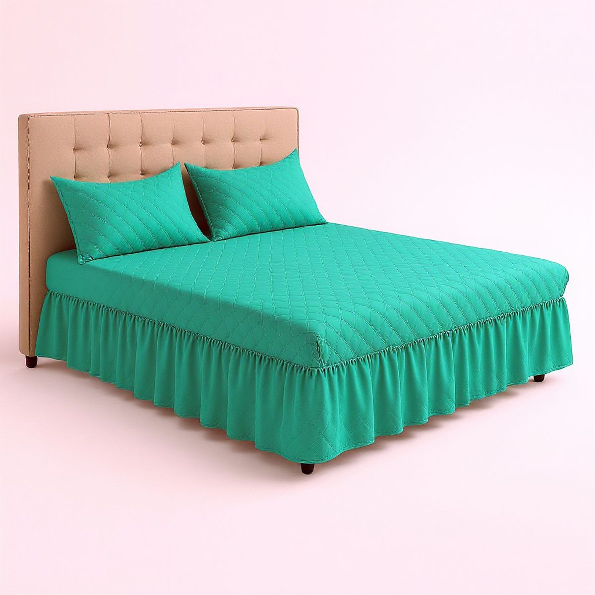 GENERICO - Faldón Doble Turquesa Cama 15 Plazas + 2 Fundas Lisas