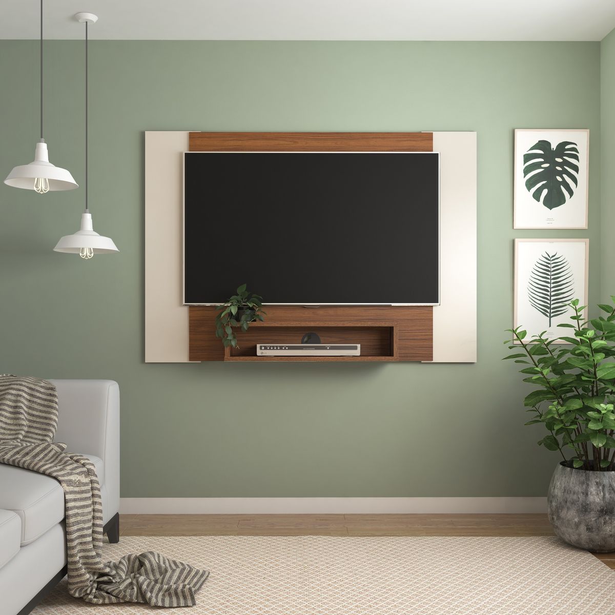 EXIT - Panel TV hasta 47 pulgadas Bicolor Madera y Blanco con Repisa