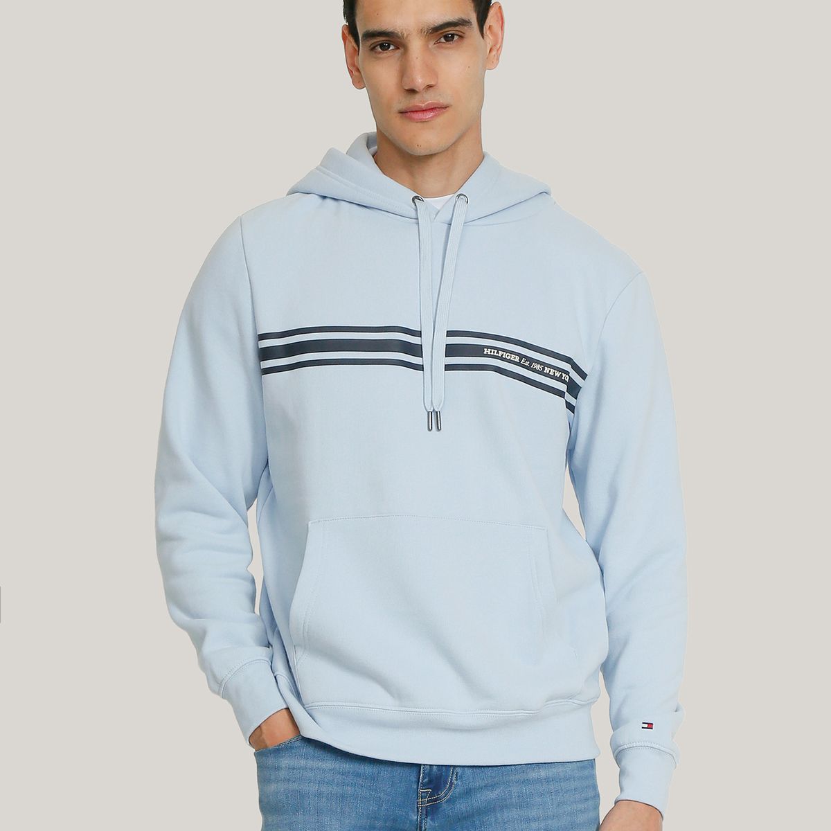 TOMMY HILFIGER - Polerón Hoodie Con Logo Central De Rayas Celeste Tommy Hilfiger