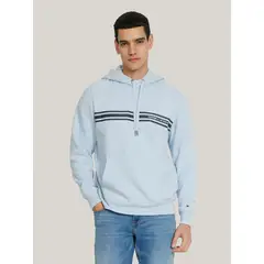 TOMMY HILFIGER - Polerón Hoodie Con Logo Central De Rayas Celeste