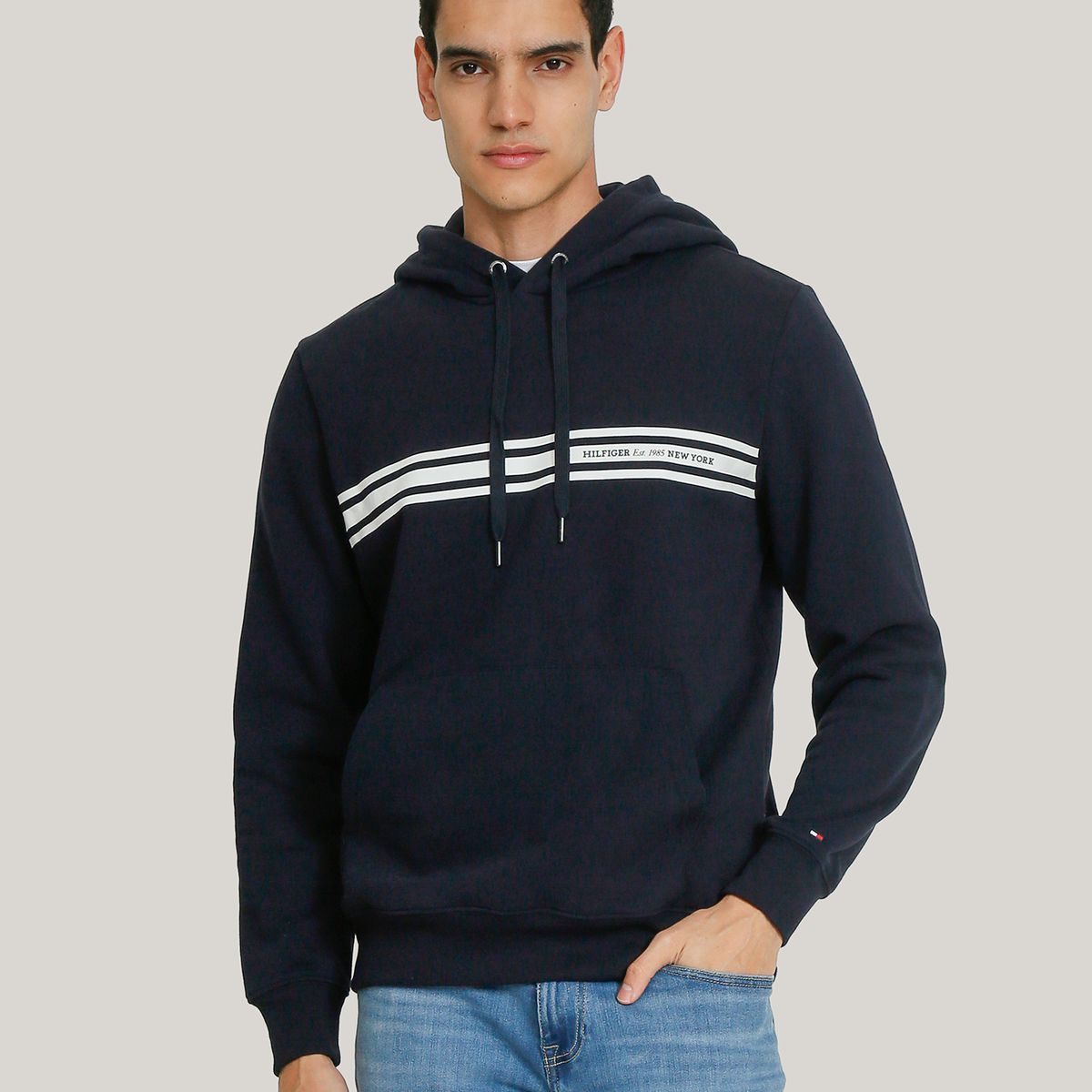 TOMMY HILFIGER - Polerón Hoodie Con Logo Central De Rayas Azul Tommy Hilfiger