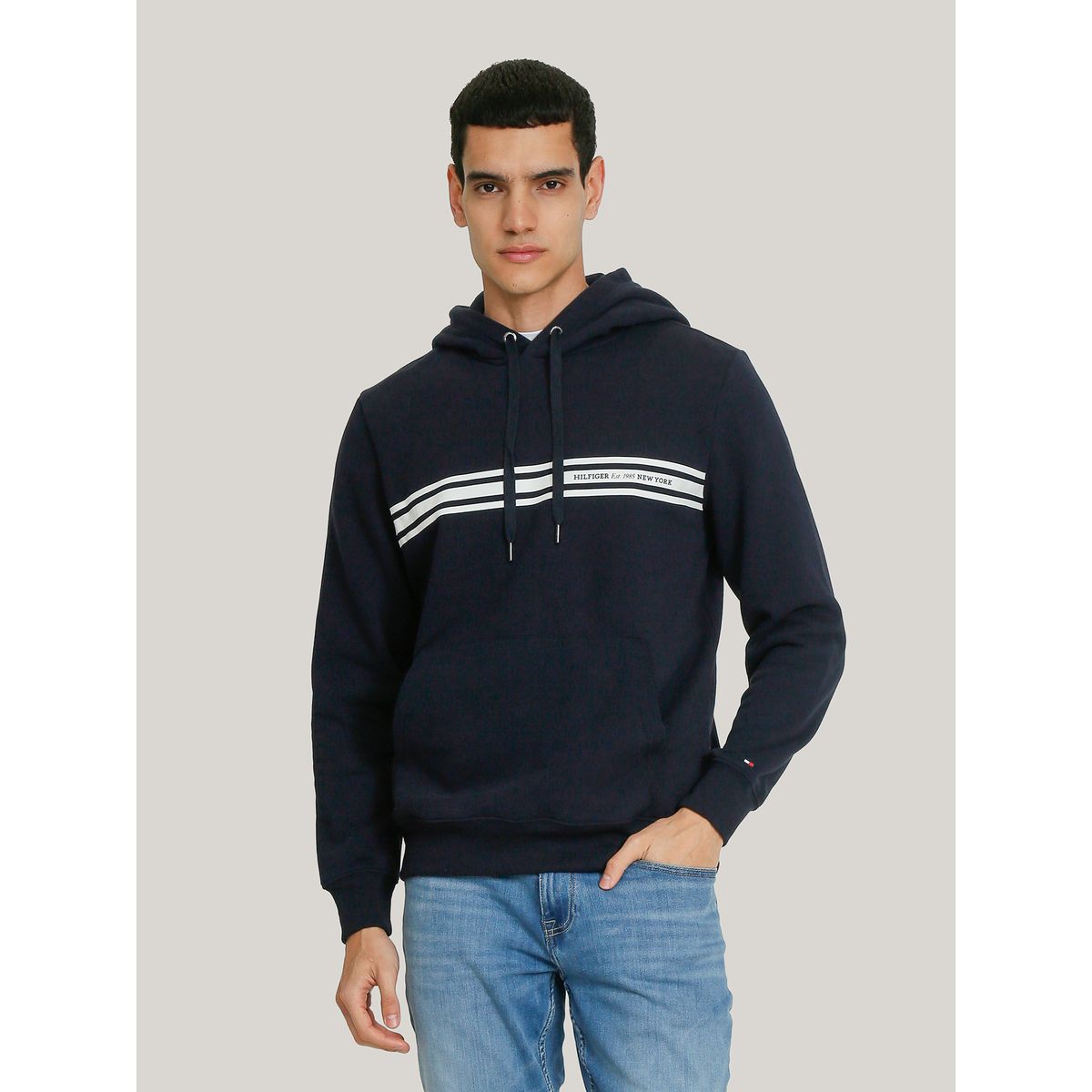 TOMMY HILFIGER - Polerón Hoodie Con Logo Central De Rayas Azul Tommy Hilfiger
