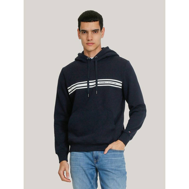 TOMMY HILFIGER - Polerón Hoodie Con Logo Central De Rayas Azul Tommy Hilfiger
