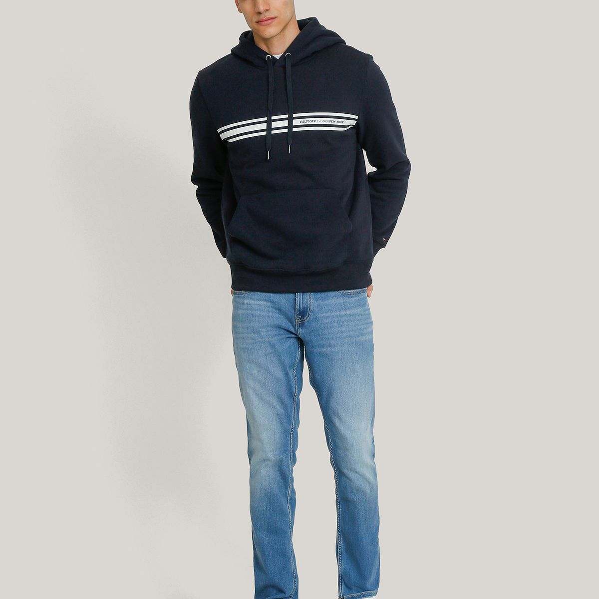 TOMMY HILFIGER - Polerón Hoodie Con Logo Central De Rayas Azul Tommy Hilfiger