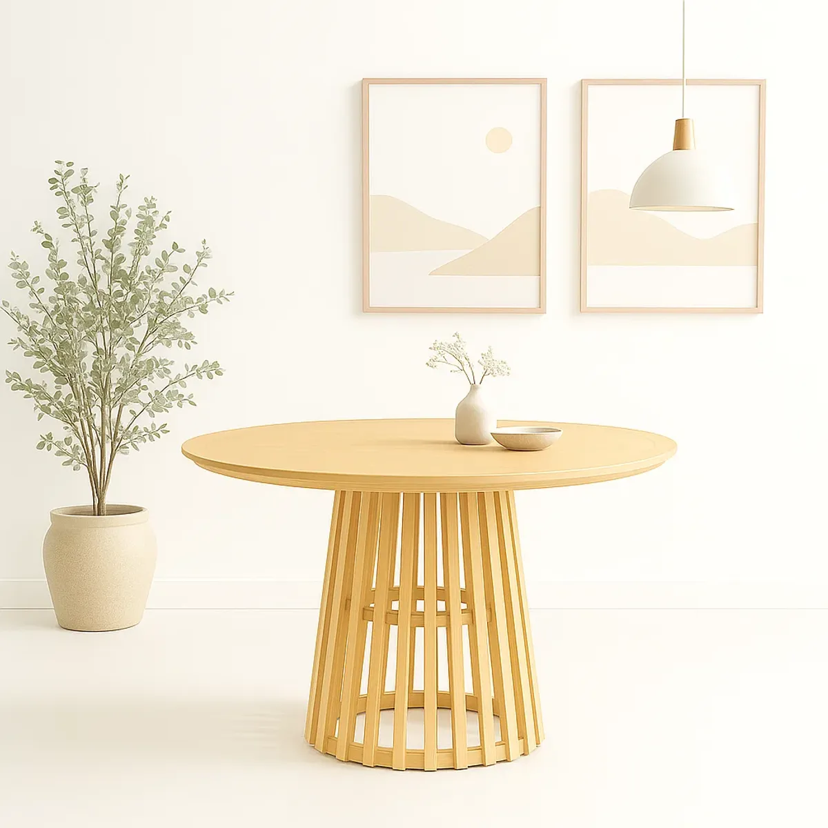KLIK - Mesa Redonda de 100 cm Madera Natural con Base Estilo Rejilla - Café
