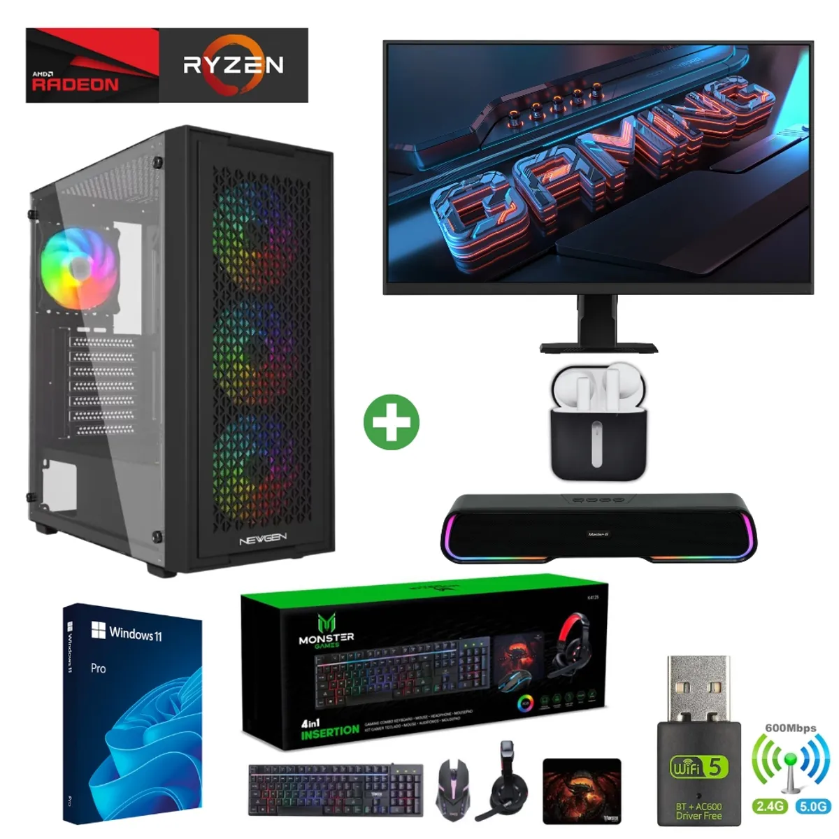 AMD CORP - Pc Gamer Ryzen 5 5500 - 32GB - RX 7600 - 2TB (Monitor 27" + Parlante + HP) TNM01