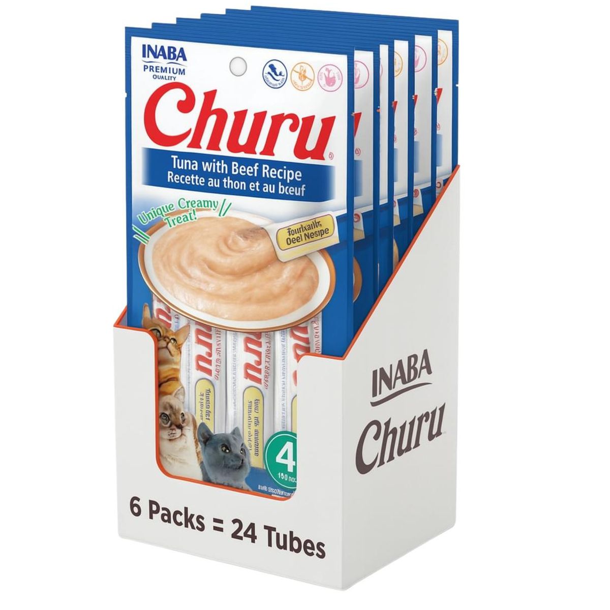 INABA - Churu Cat Atún y Vacuno 14g x4 - Pack 6 Unidades