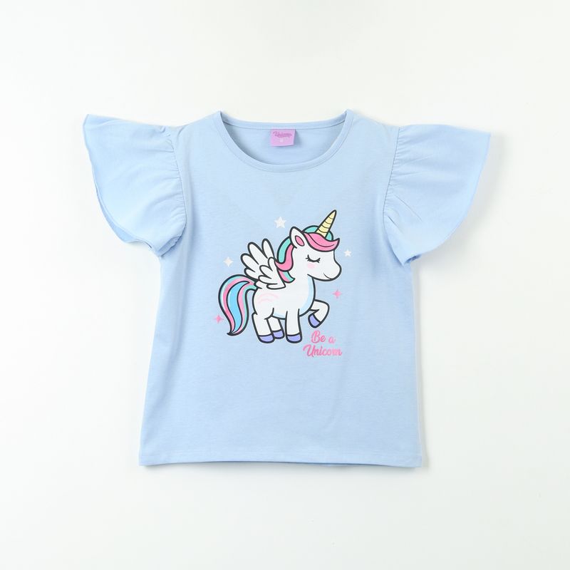 DISNEY - Polera Manga Corta Niña Vuelos Celeste Unicornio