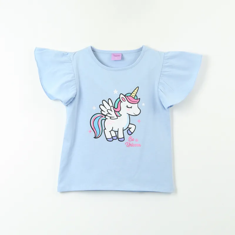DISNEY - Polera Manga Corta Niña Vuelos Celeste Unicornio