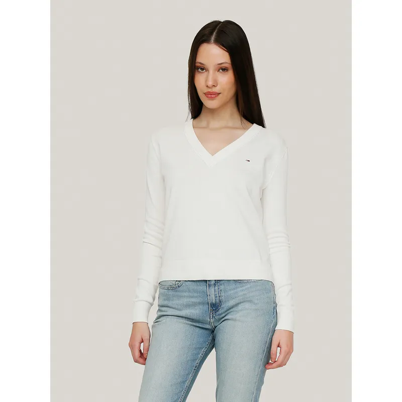 TOMMY HILFIGER - Sweater Essential V-Neck Con Logo Blanco Tommy Jeans
