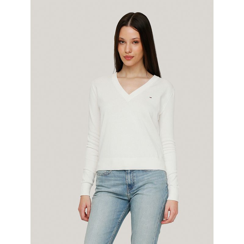 TOMMY HILFIGER - Sweater Essential V-Neck Con Logo Blanco Tommy Jeans