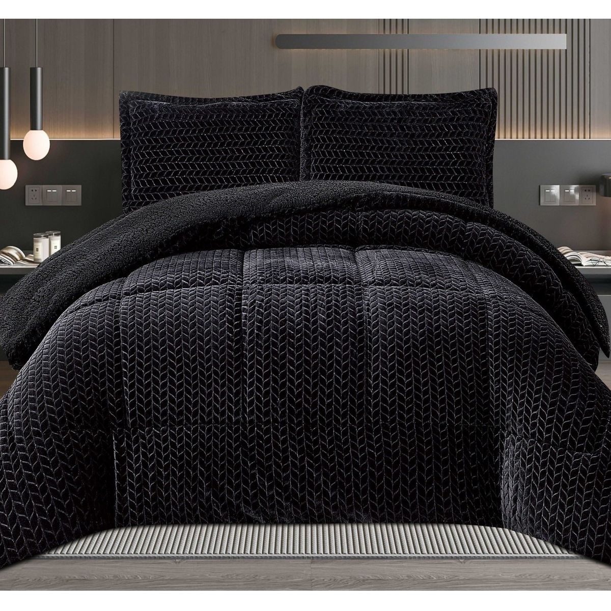 COMPRAPO - Cobertor Plumón Espigas con Chiporro Invierno 2 Plazas Negro