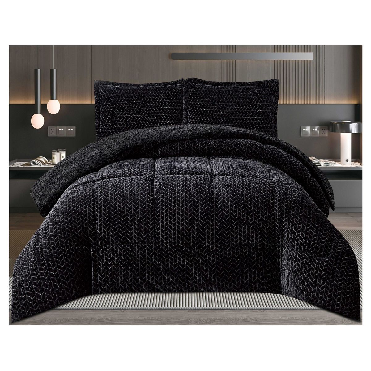 COMPRAPO - Cobertor Plumón Espigas con Chiporro Invierno 2 Plazas Negro