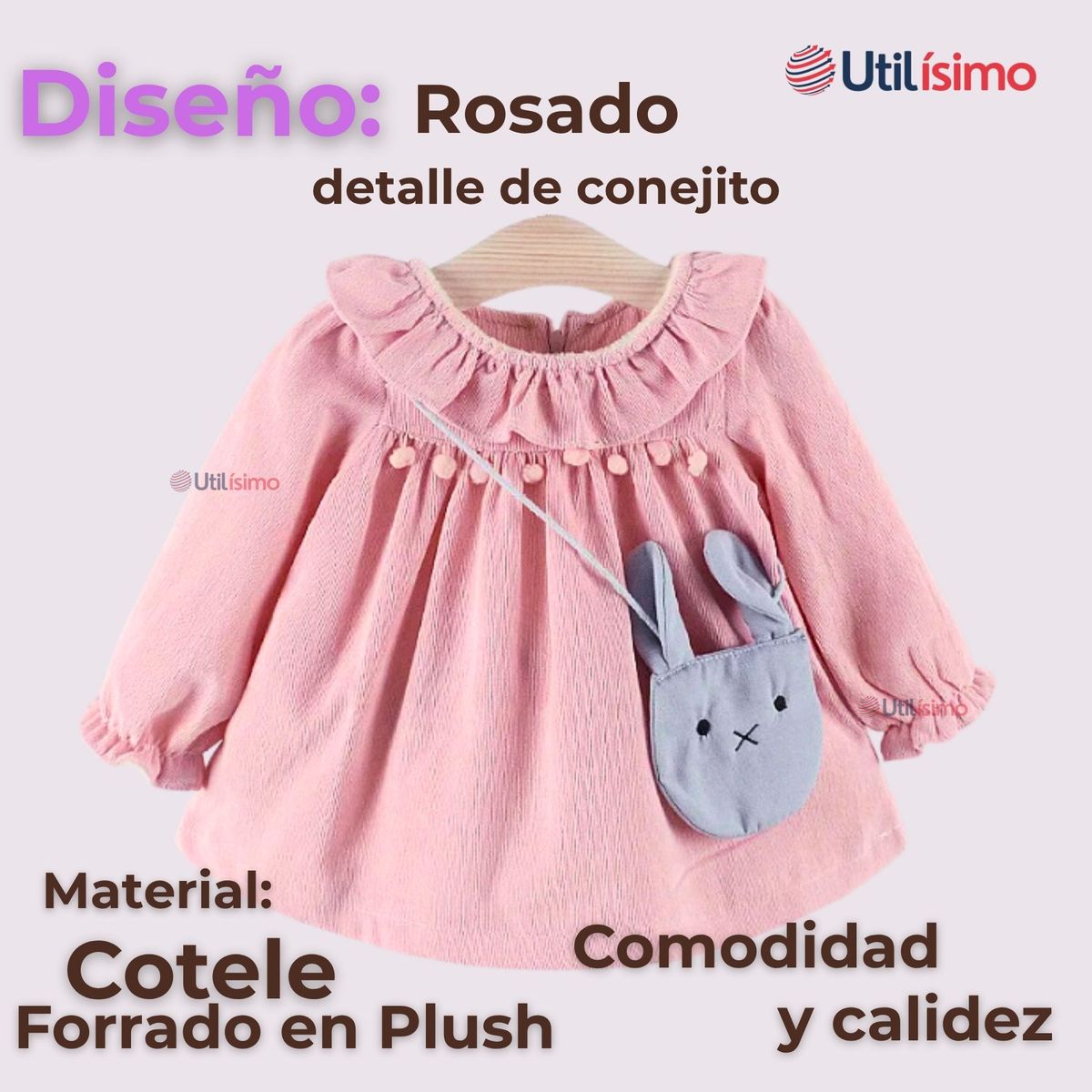 JUMP KIDS - Vestido De Cotelé Con Bolso Conejo Forrado En Plush Niña Rosado