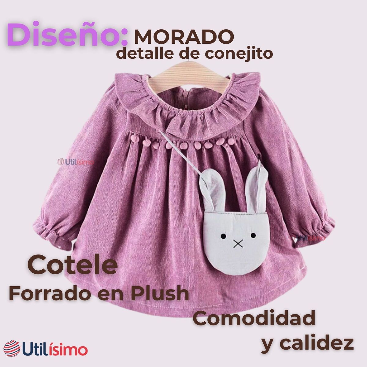 JUMP KIDS - Vestido De Cotelé Con Bolso Conejo Forrado En Plush Niña Morado