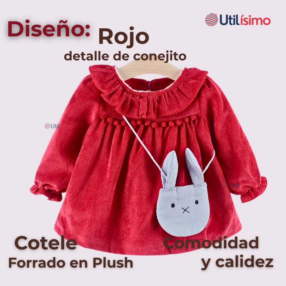JUMP KIDS - Vestido De Cotelé Con Bolso Conejo Forrado En Plush Niña Rojo